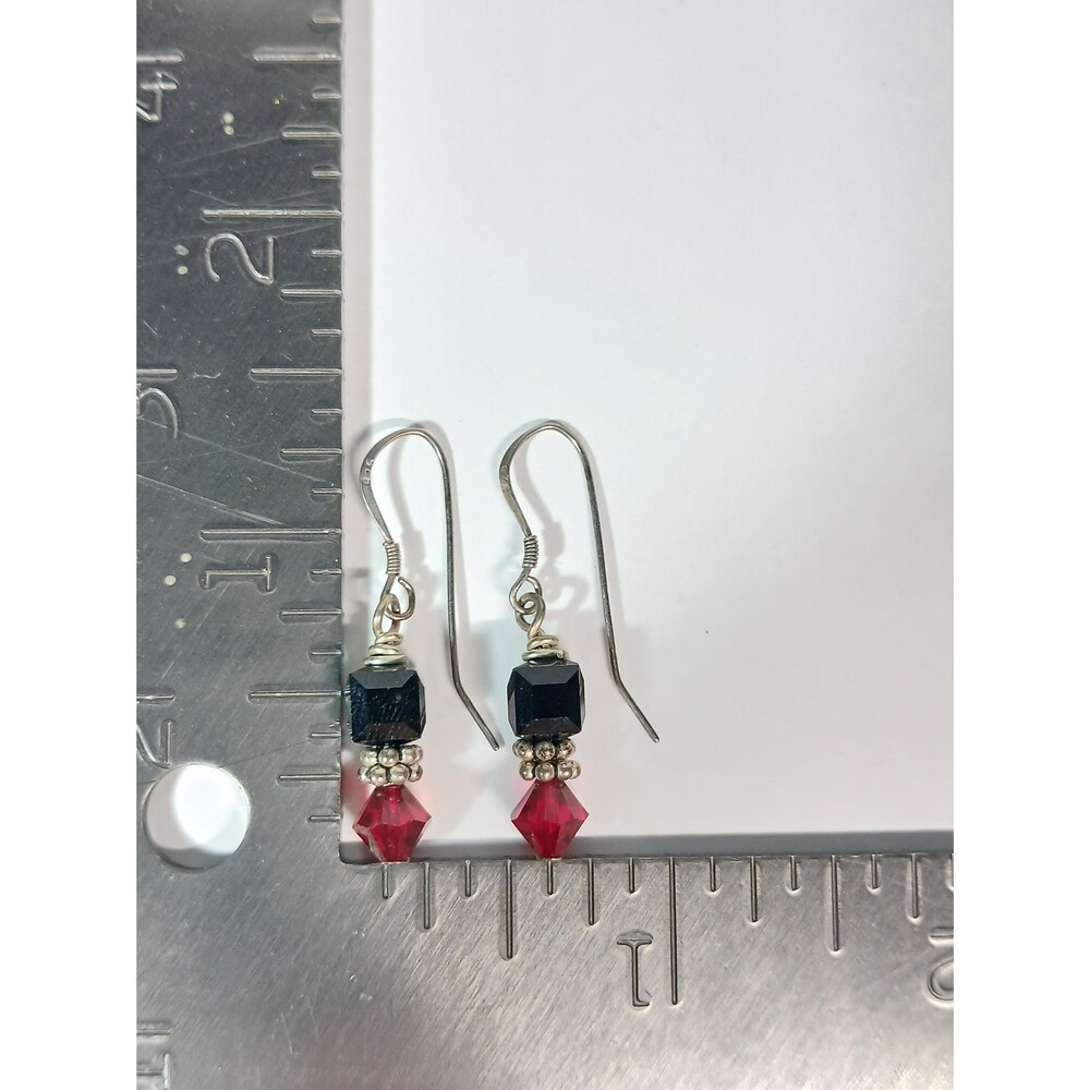 Sterling Silver Black Red Crystal Bead Dangle Earrings - Picture 4 of 16